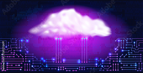 Cloud storage. Abstract ectronic circuit with digital neon cloud and binary code.