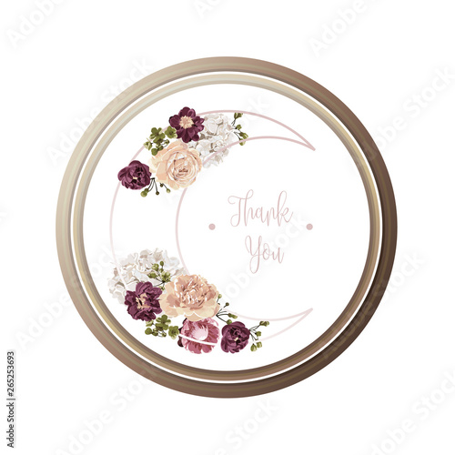 Red luxury floral greeting card with white, green and purple flowers on white background and wooden circle frame.