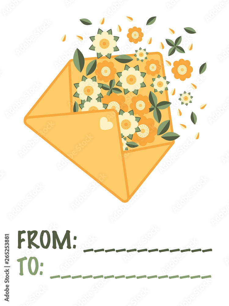 Greeting card with an image of envelope and flowers, leaves and petals fallen from it and a free space for writing from and to whom a card for on the white background. Flat style illustration. Vector.