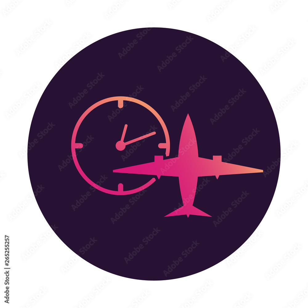 Plane clock icon gradient.Passenger jet .Flight status sign.Timer symbol.Flat vector logo. Plane clock icon gradient.Passenger jet .Flight status sign.Timer symbol.Flat vector logo.