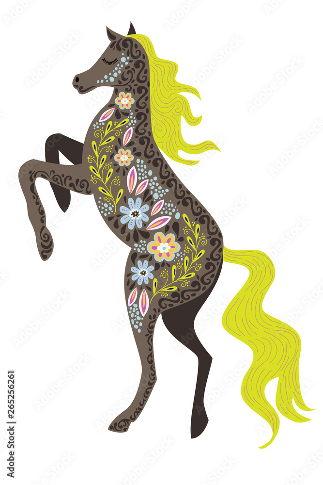 Obraz premium Art vector vertical colorful isolated illustration with beautiful abstract folk horse on a white background.