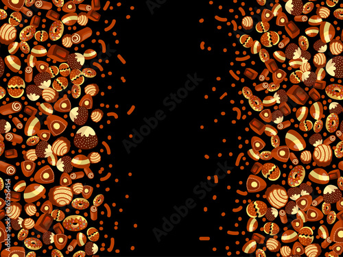 Chocolate candy frame of choco candies on black background. Chocolate candy banner, top view, flat lay with decorative elements. Chocolats candy background