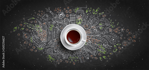 Coffee chalk illustrated concept on black board background - white coffee cup, top view with chalk doodle illustration about coffee, beans, morning, espresso in cafe, breakfast. Morning coffee vector