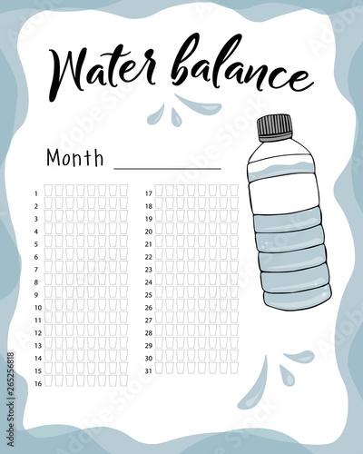 Water balance vector calendar. Water monthly tracker. Water consumption per week and month