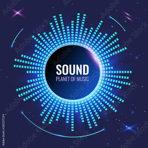 Music abstract background. Planet of sound. Bright futuristic equalizer on the background of space. vector illustration.