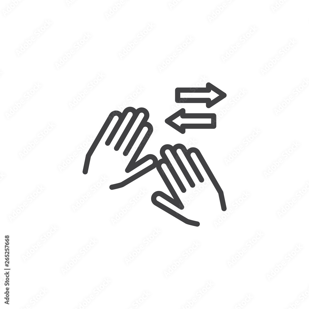 Horizontal spread line icon. Swipe right and left hand click linear style sign for mobile concept and web design. Two hands touch gesture outline vector icon. Symbol, logo illustration. Pixel perfect Horizontal spread line icon. Swipe right and left hand click linear style sign for mobile concept and web design. Two hands touch gesture outline vector icon. Symbol, logo illustration. Pixel perfect