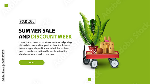 Summer sale and discount week, discount white minimalist web banner template for your website with garden cart with sand, sand castle and potted palm