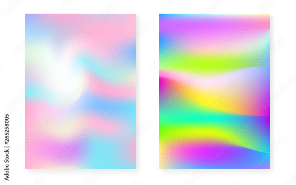 Holographic gradient background set with hologram cover. 90s, 80s retro style. Pearlescent graphic template for flyer, poster, banner, mobile app. Hipster minimal holographic gradient.