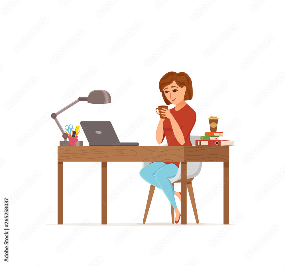Woman working on computer colorful vector concept. Cartoon flat style