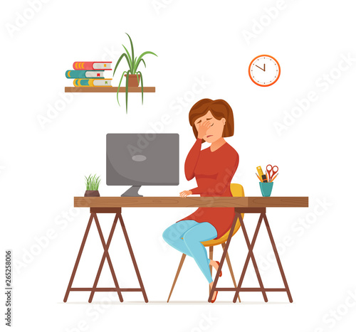 Woman busy tired working on computer colorful vector concept. Cartoon flat style