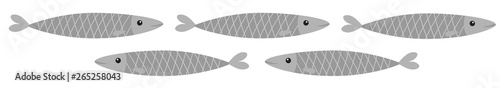 Sardine gray fish icon set line. Sardina pilchardus. Iwashi. Cute cartoon character. Anchovy pilchard. Water animal. Marine life. Flat design. White background. Isolated.