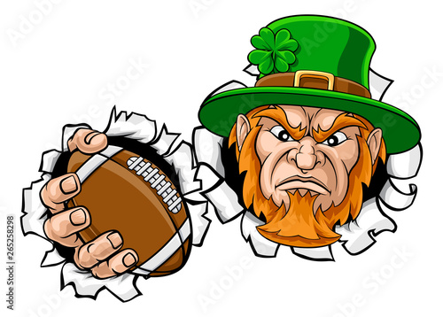 A leprechaun American football sports mascot holding a ball and tearing through the background. 
