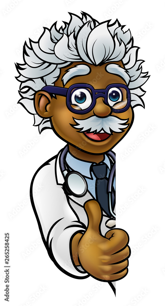 A cartoon scientist professor wearing lab white coat peeking around sign and giving a thumbs up