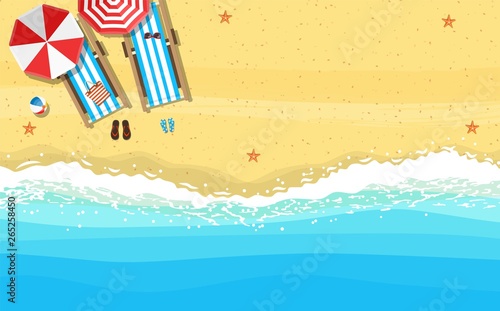 beach sun umbrellas flip-flops and beach Mat on the background of sand near the sea surf with starfish, top view. Vector illustration in flat style