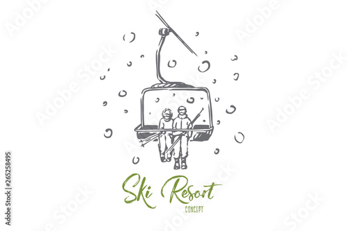 Ski, lift, mountains, snow, people concept. Hand drawn isolated vector.