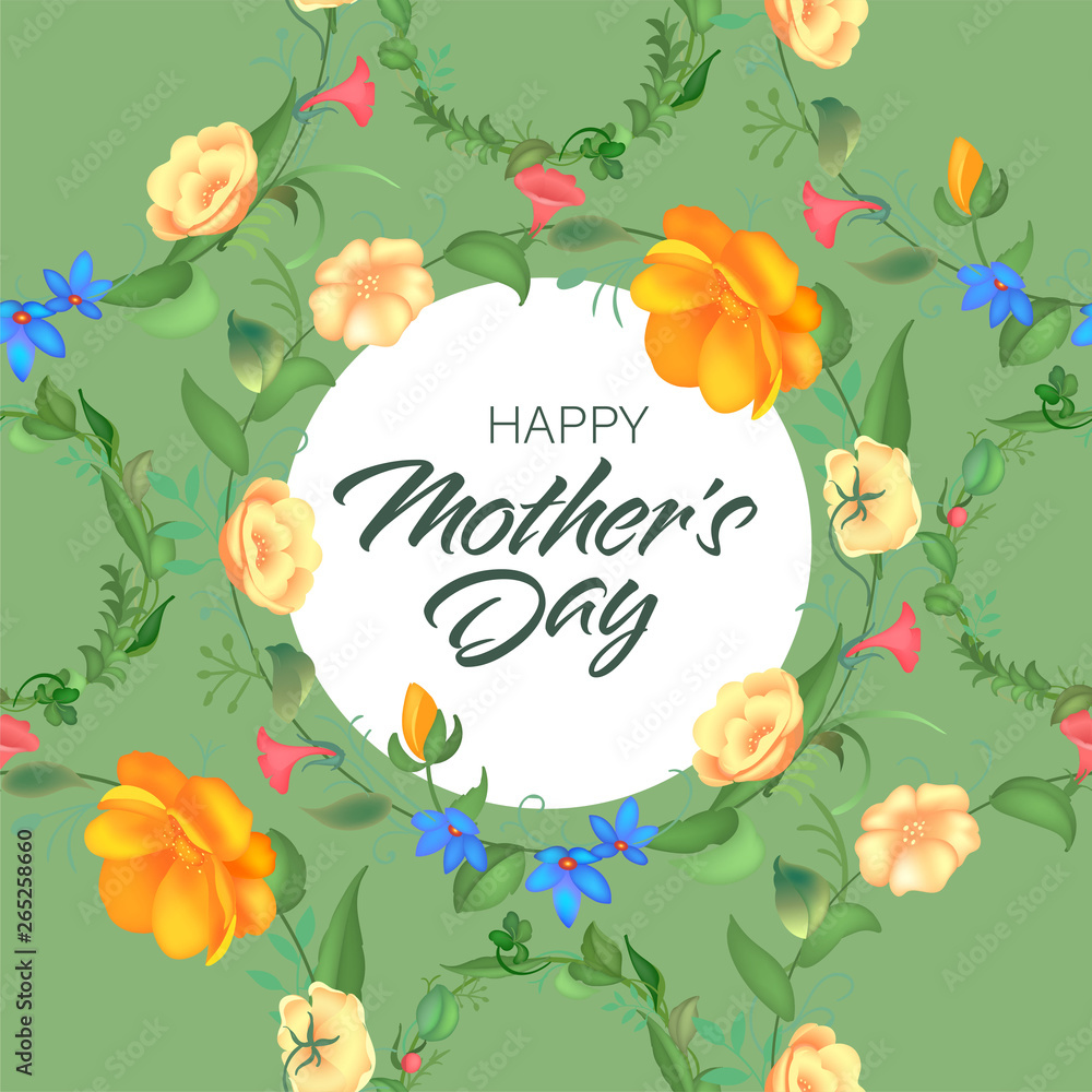Mother s day greeting card with blossom flowers. Beautiful seamless design with typography. Garden plants with leaves. Mother s day greeting card with blossom flowers. Beautiful seamless design with typography. Garden plants with leaves.