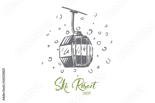 Ski, lift, mountains, cabin, snow concept. Hand drawn isolated vector.