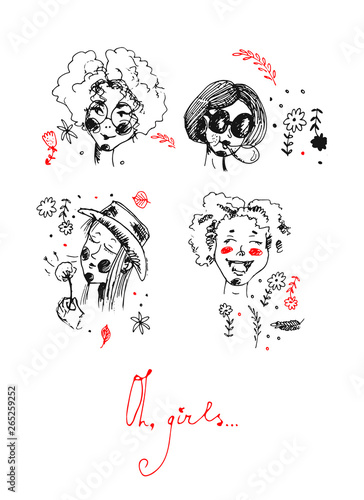 hand drawn collection of sketches of different gils' faces. Body positive image.