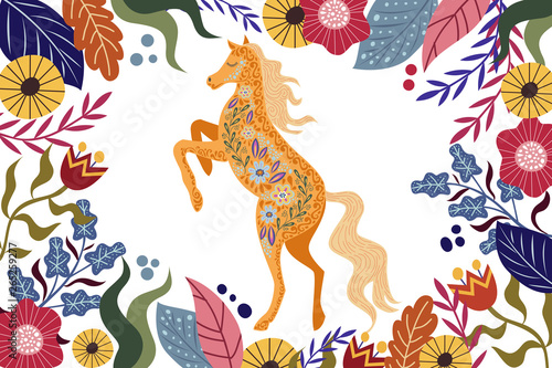 Art vector horizontal colorful illustration with beautiful abstract folk horse and flowers.