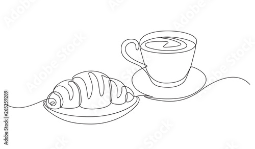 breakfast with croissant and coffee drawn in one line style.