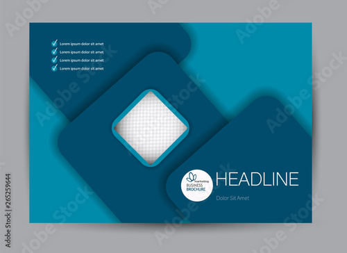 Landscape wide flyer template. Billboard banner abstract background design. Business, education, presentation, advertisement concept. Blue color. Vector illustration.