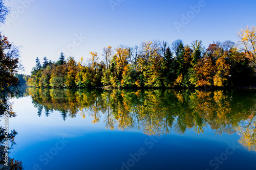 trees in autumn colors along river Lech  in Landsberg am Lech  Germany