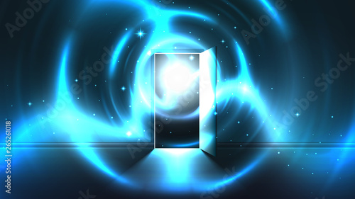 Light tunnel from open door of dark room, abstract mystical paranormal glowing exit. Light in the end of a tunnel. Portal to another world, alien universe. Open door template, sci-fi background