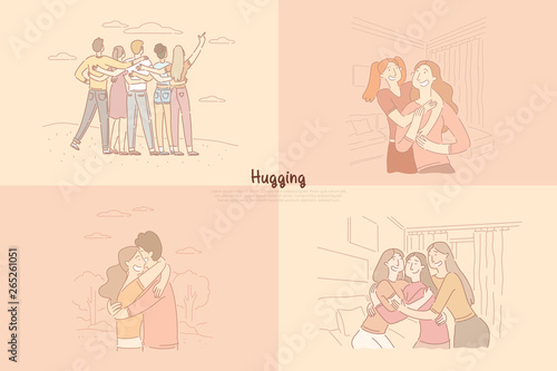 Friends, siblings hugging, sisters spending time together, girlfriends having party, couple dating banner template