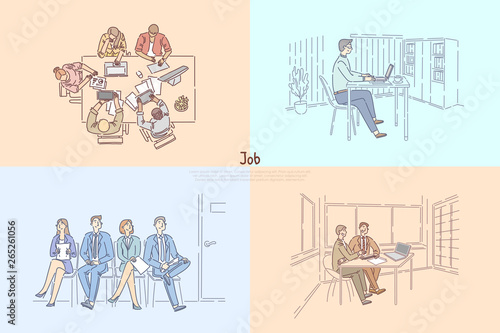 HR agency searching workers, candidates waiting for job interview, business meeting, employer hiring employee banner