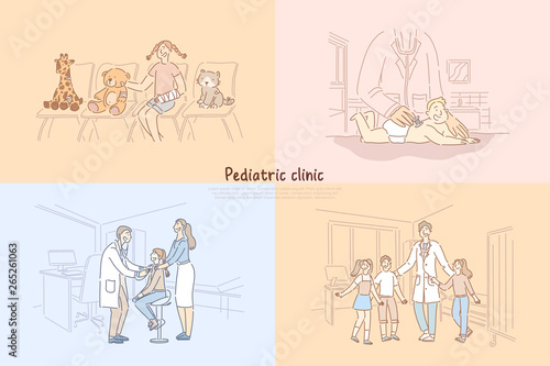 Pediatric clinic, baby in pediatrician office, girl in hospital waiting room, children visiting doctor banner template