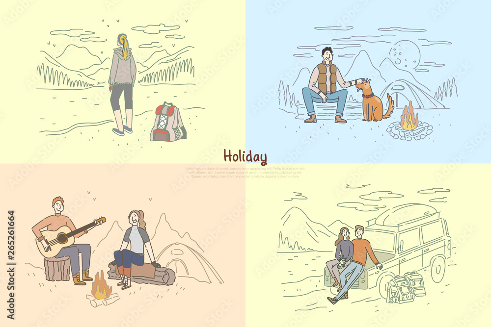 People on holiday vacation, couple camping, friends road trip, backpacking, lonely travelers banner template