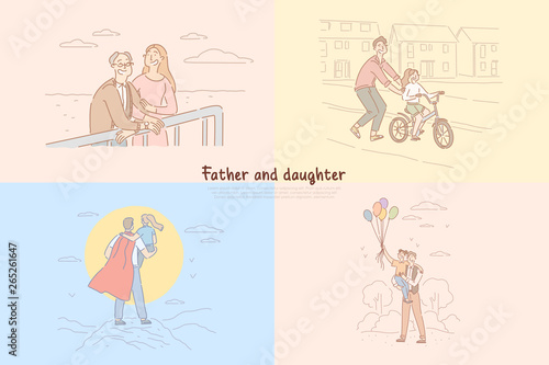 Father and daughter relationship, parent teaching kid riding bicycle, childhood happy moments banner template