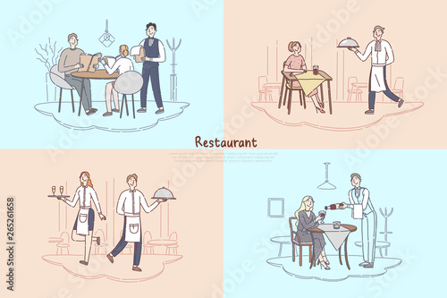 Restaurant staff, cafe waiter and waitress serving, customers making food order, couple sitting at coffee shop table banner