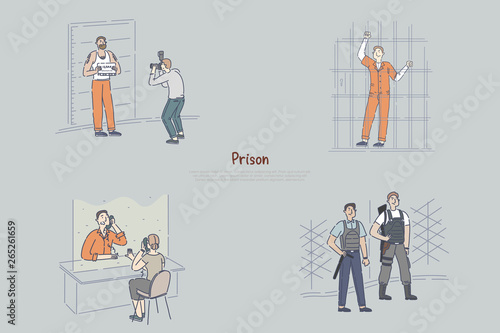 Prisoner behind bars, suspect posing for police mugshot, inmate in visiting room, police officer guarding banner template