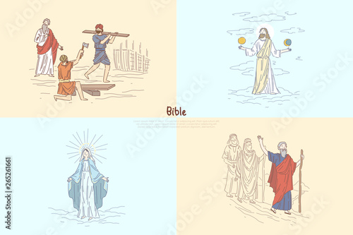 Bible story plots, myth and legends, biblical characters, Noah Ark, God creating world, Moses prophet banner template © Dzianis Vasilyeu
