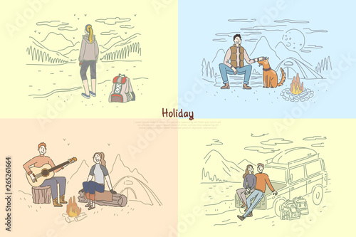 People on holiday vacation, couple camping, friends road trip, backpacking, lonely travelers banner template