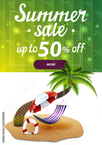 Summer sale, vertical discount web banner for your site with polygonal texture, palm tree, hammock and beach umbrella