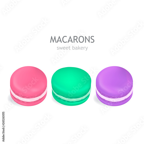 Vector set of sweet dessert and colourful french cartoon macarons on white background