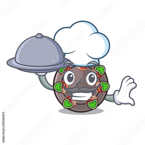 Chef with food fried escargot in a cartoon hot pan
