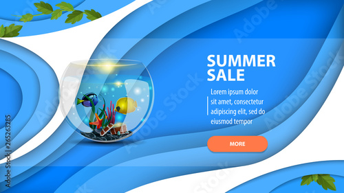 Summer sale, modern web banner in paper cut style for your website with round aquarium with fish