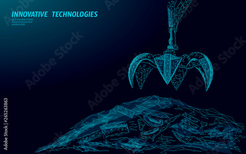 3d Waste crane arm claw. Low poly polygonal garbage landfill industrial eco banner. Planet global pollution grabber ecology vector illustration
