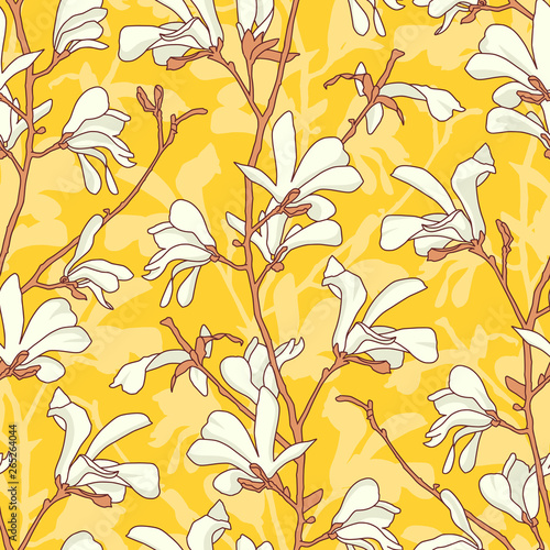 Seamless pattern with magnolia tree blossom. Yellow floral background with branch and white magnolia flower. Spring design with big floral elements. Hand drawn botanical illustration.