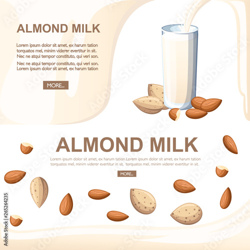 Almond milk pouring in drinking glass. Nuts . Flat vector illustration on white background. Vegetarian drink, food. Natural condition, health food. Place for text