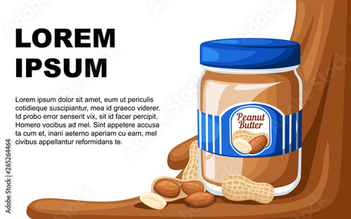 Illustration of a jar of peanut butter,bread and butter. Design template. Flat vector illustration with place for text. Advertising flyer or greetings card design