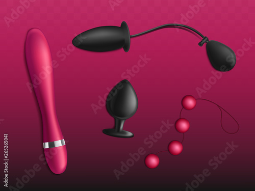 Sex toys for womens pleasure 3d realistic vector set isolated on gradient red background. Dildo or vibrator, inflatable and ball, beads butt plugs illustrations. Sex shop goods assortment collection