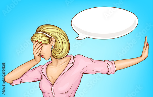 Shamed or disappointed woman dont want to look, turning away, raising hand in stop sign and placing palm across face pop art vector with copyspace and speak cloud. pierrot emotions and denial concept