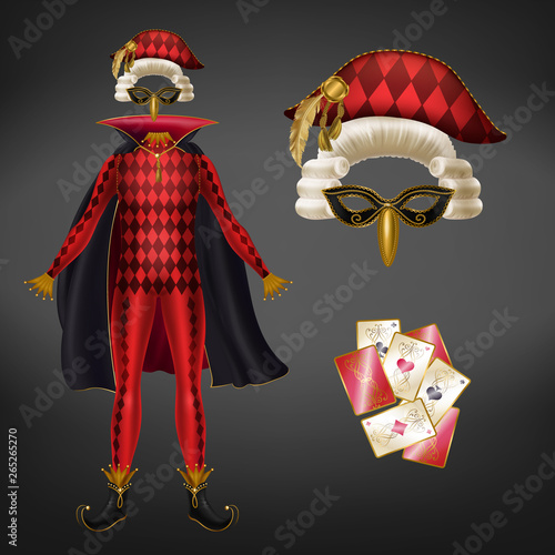Medieval harlequin, jester or joker red checkered costume with canopy, face mask, curled wig or peruke, bicorne hat decorated with golden feather and playing cards 3d realistic vector illustration