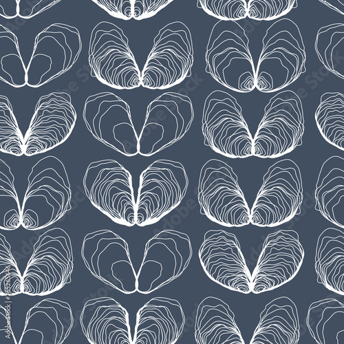 Hand Drawn Oyster Hearts Seamless Line Pattern on Blue