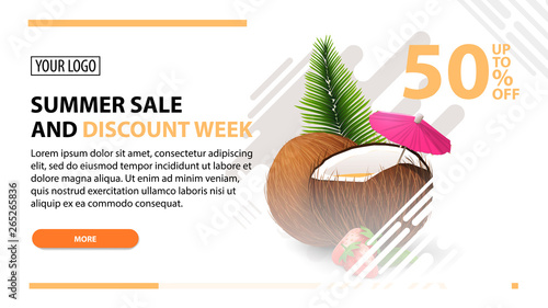 Summer sale and discount week, white web banner in modern style for your website with strawberry cocktail in coconut