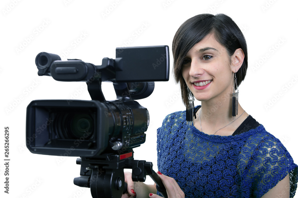 young woman with professional video camera, on white young woman with professional video camera, on white